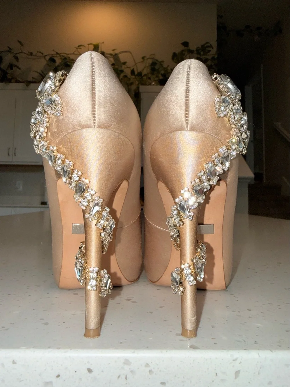 Badgley Mischka Rose Gold Satin Peep-Toe Heels with Crystal Brooches